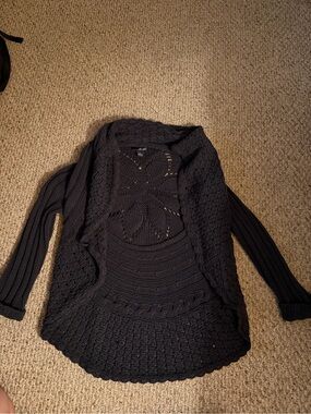 Willi Smith Black Open-Front Crochet Knit Cardigan